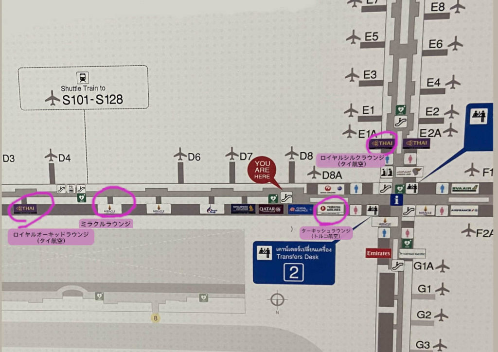 バンコク　スワンナプーム空港　3階地図
ラウンジの場所