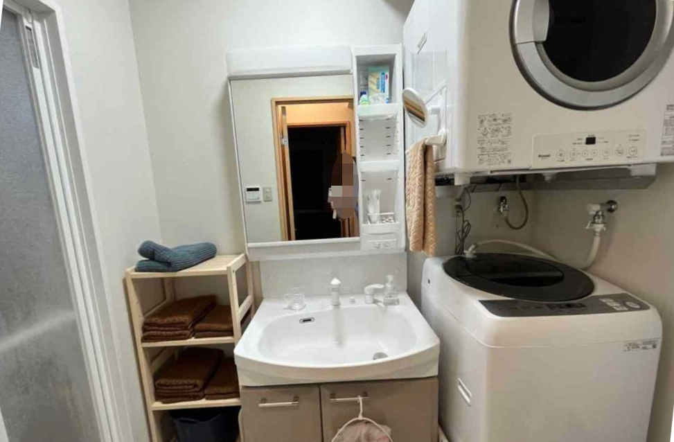 脱衣所のシンクと洗濯機、乾燥機