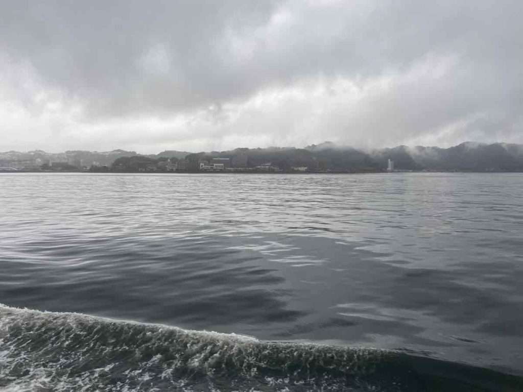錦江湾をクルーズしているフェリーの景色