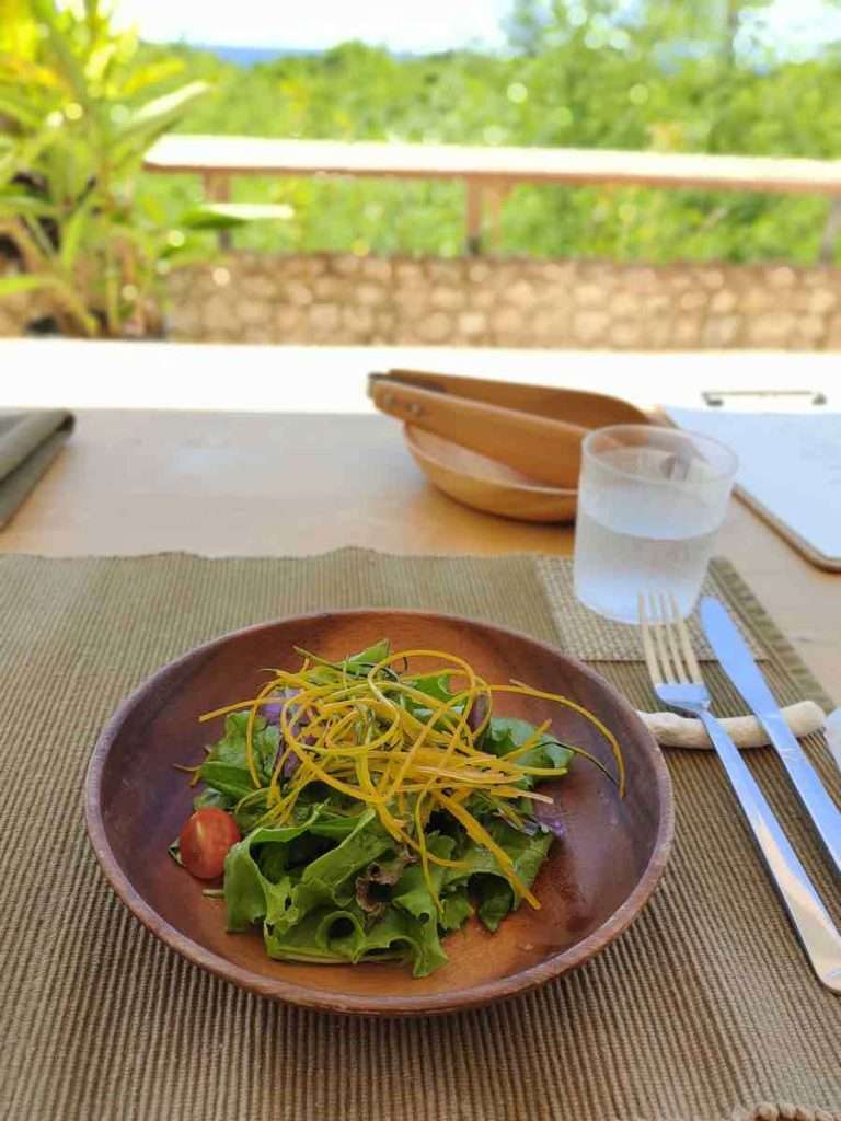 木のお皿に盛り付けられた島野菜のサラダ