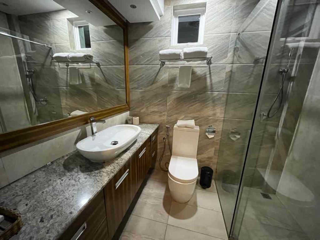 大理石のタイルでまとめられたトイレと洗面台、その隣のシャワールーム