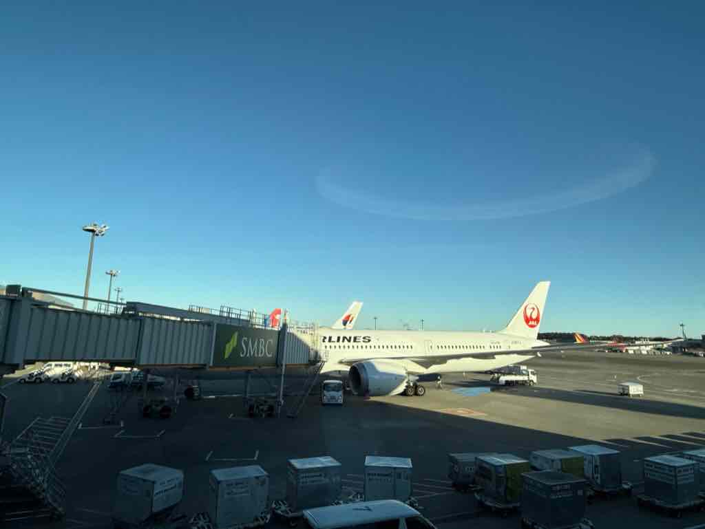カウンター席から見る青い空とJALの旅客機