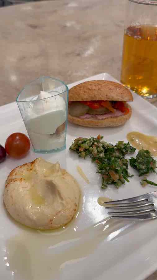 お皿に乗せたフムスや、ムースケーキと新鮮なサラダや前菜